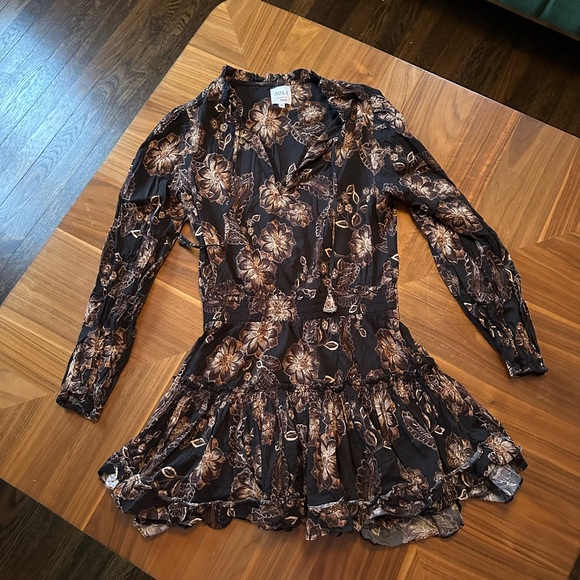 MISA Lorena Dress in Colombe D'or Flora Black Brown Long Sleeve Mini Size M - Picture 3 of 5